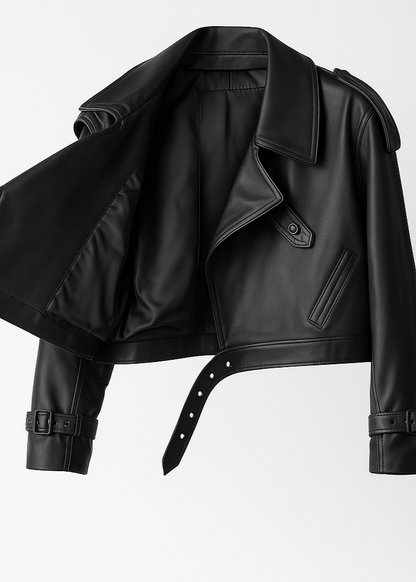 Cropped Faux Leather Biker Jacket Belted Moto Style
