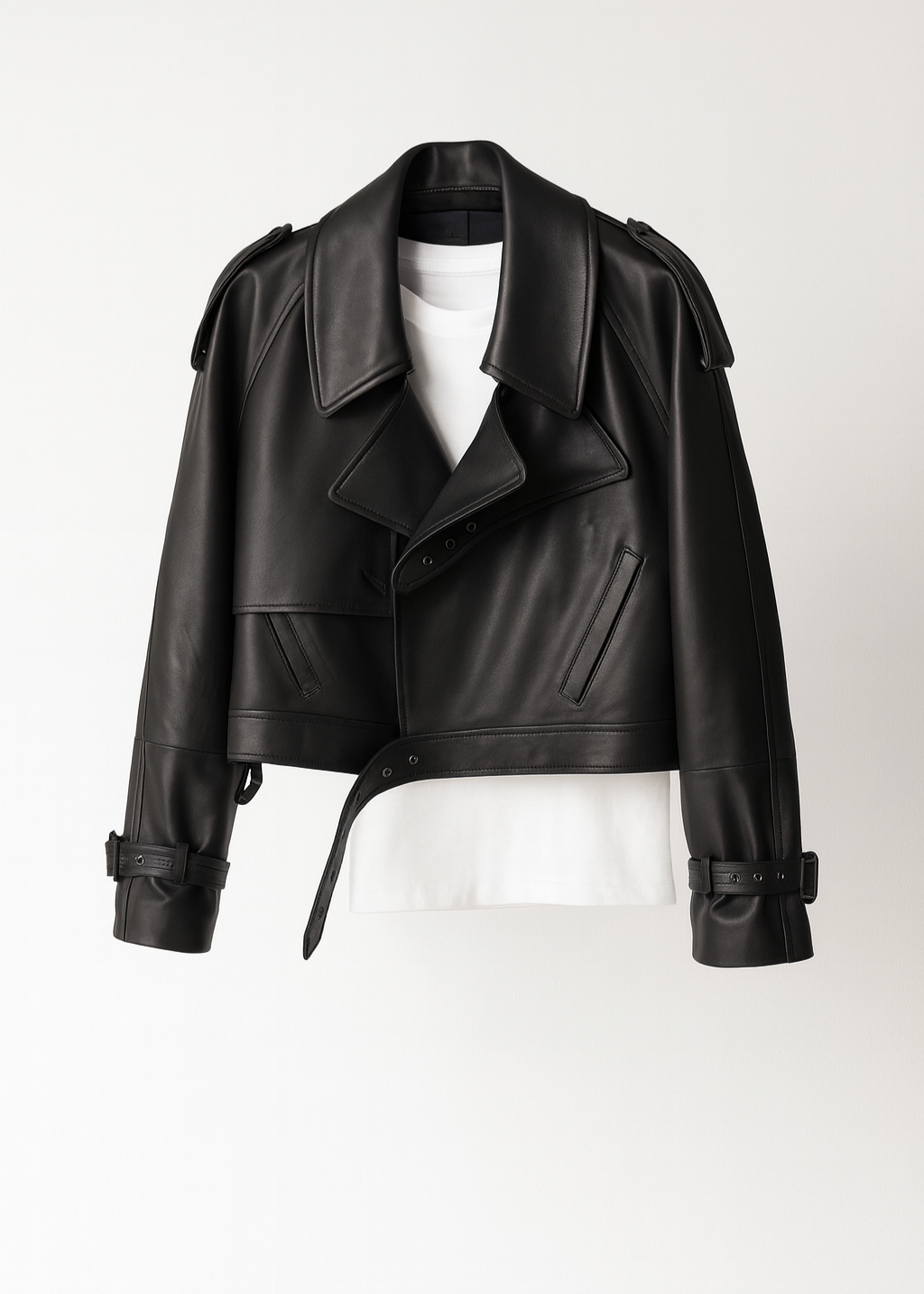 Cropped Faux Leather Biker Jacket Belted Moto Style