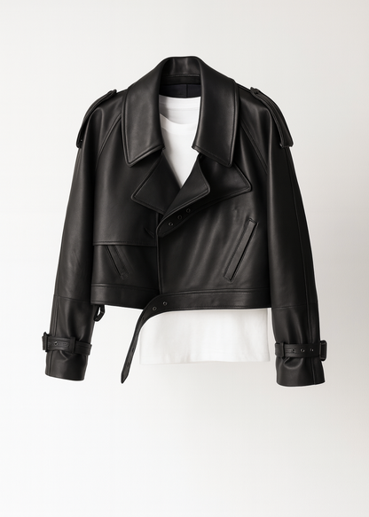 Cropped Faux Leather Biker Jacket Belted Moto Style