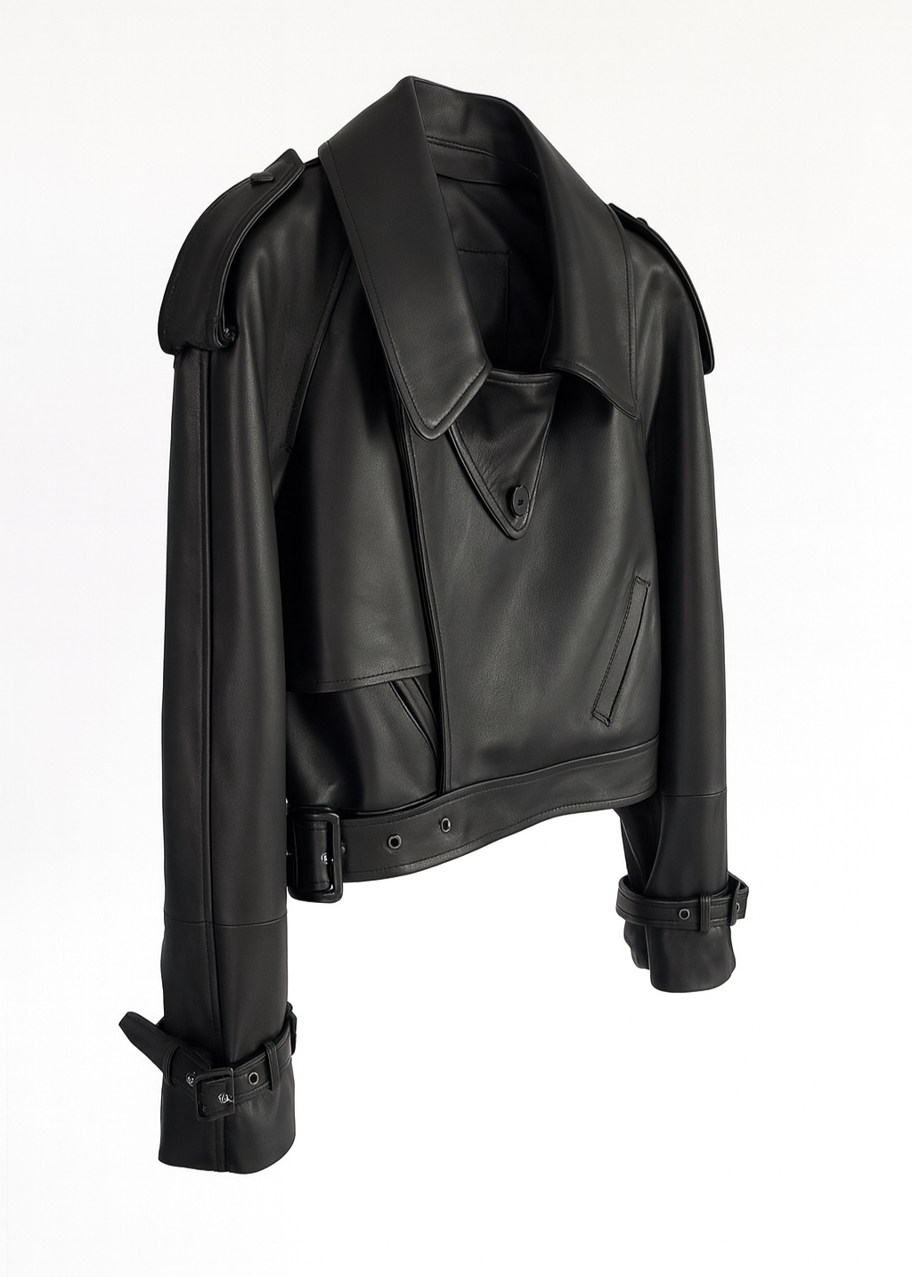 Cropped Faux Leather Biker Jacket Belted Moto Style
