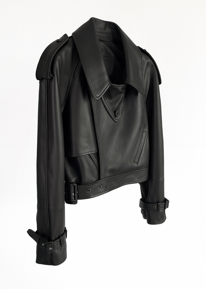 Cropped Faux Leather Biker Jacket Belted Moto Style
