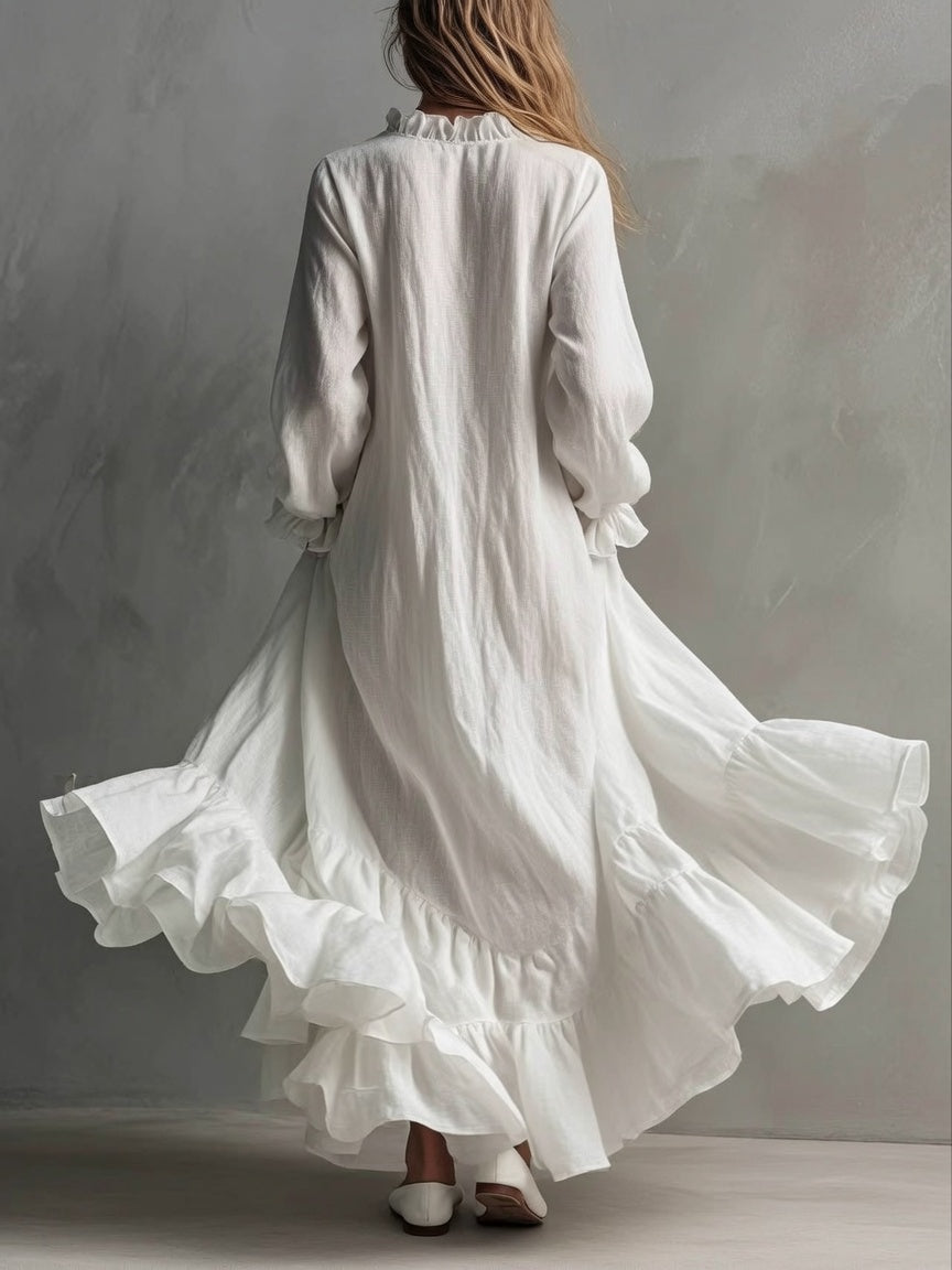 White Ruffle Linen Maxi Dress | Loose Long Sleeve Flowy Beach Dress