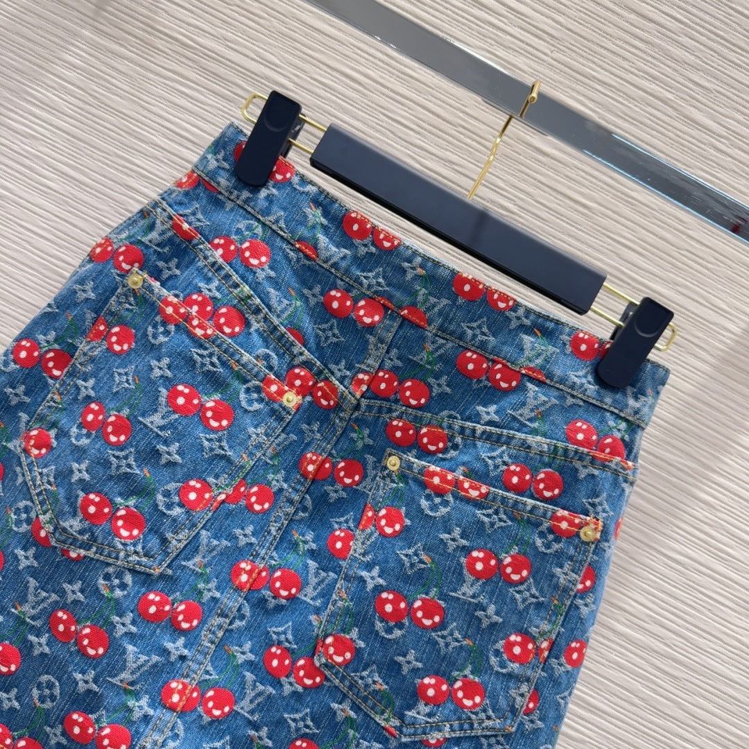 LV 25 Cherry Denim Skirt Blue Cotton