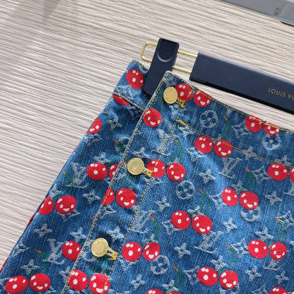 LV 25 Cherry Denim Skirt Blue Cotton