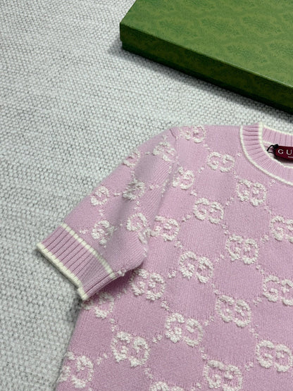 Gucci Knot Jacquard Knitted Short Sleeves Pink Wool