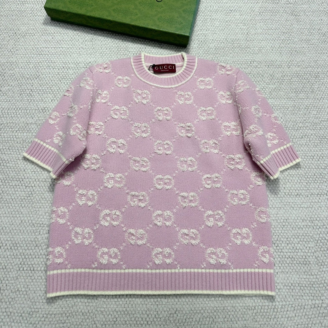 Gucci Knot Jacquard Knitted Short Sleeves Pink Wool