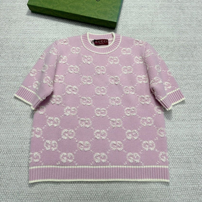 Gucci Knot Jacquard Knitted Short Sleeves Pink Wool
