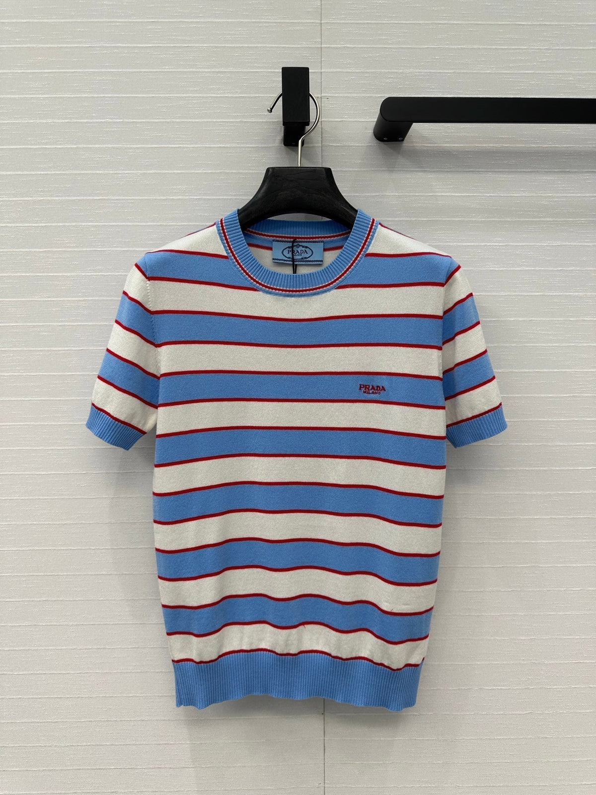 Prada 25 Striped Short-sleeved Knitted Top Blue white red Cotton