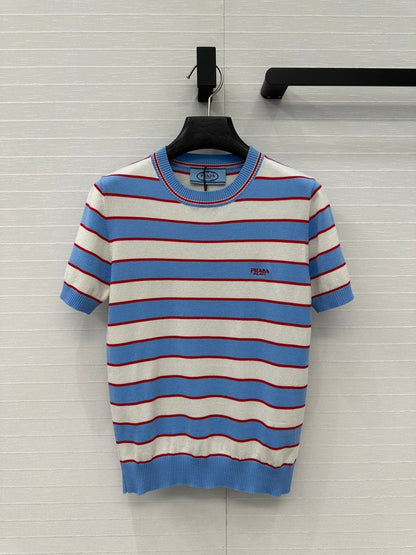 Prada 25 Striped Short-sleeved Knitted Top Blue white red Cotton