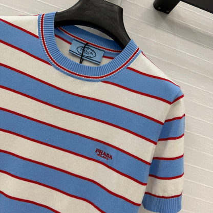 Prada 25 Striped Short-sleeved Knitted Top Blue white red Cotton