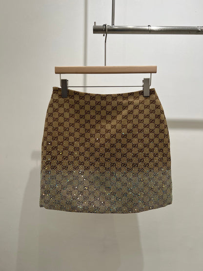 GG Beige Monogram Crystal Embellished Mini Skirt