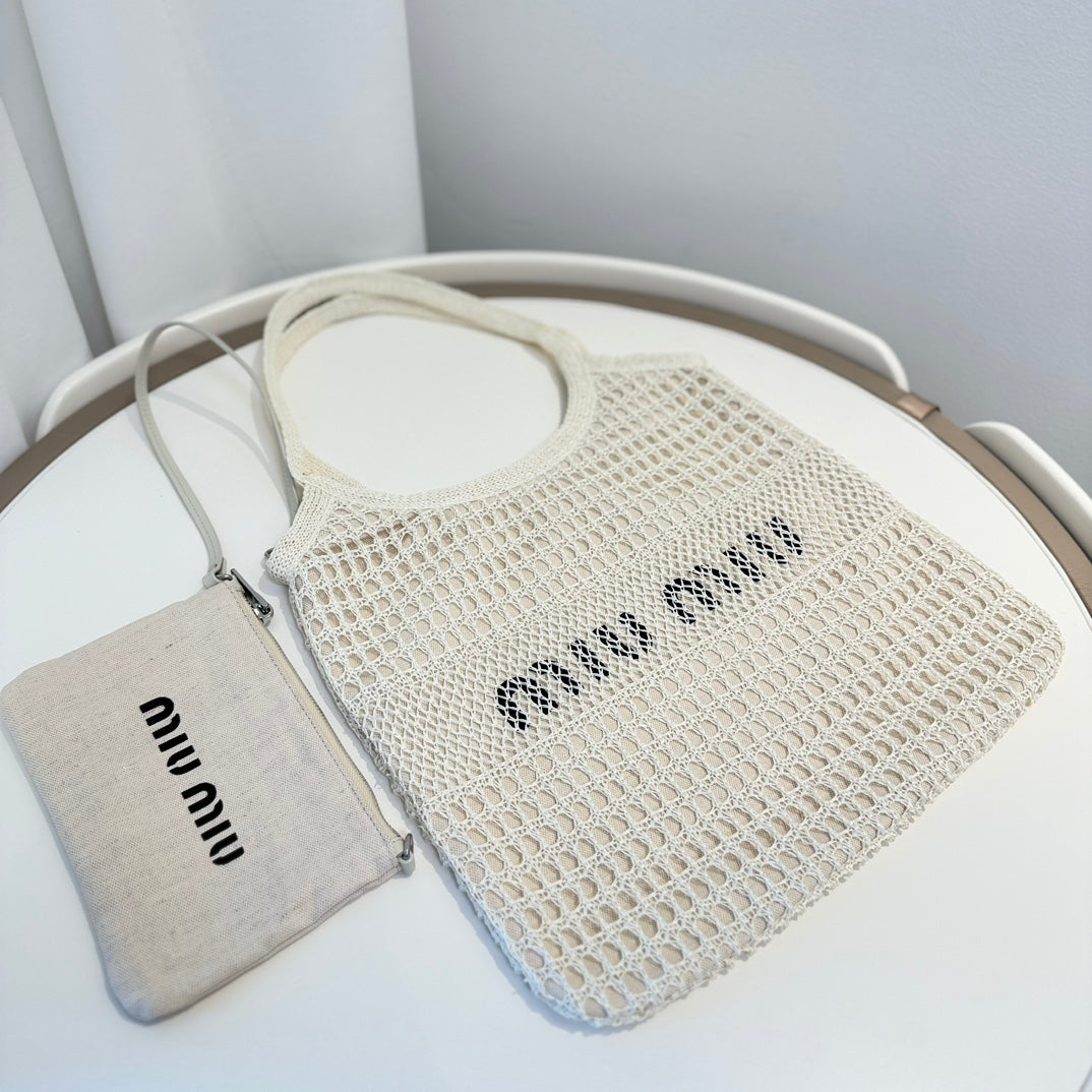 Miu Miu Shoulder Bag 34cm White Raffia Canvas