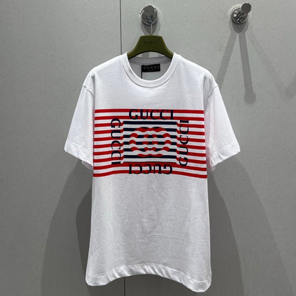 Gucci 25 Striped Logo Print Short-sleeved T-shirt White Red Cotton