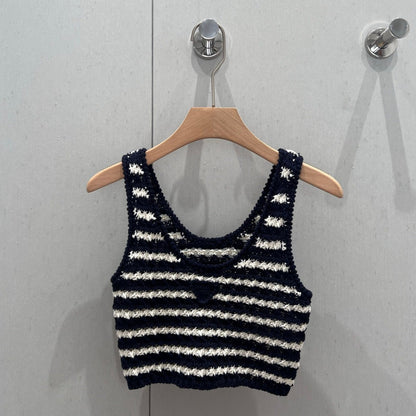 Prada 25 Striped Knitted Crop Top Navy Blue mix White Cotton 219409
