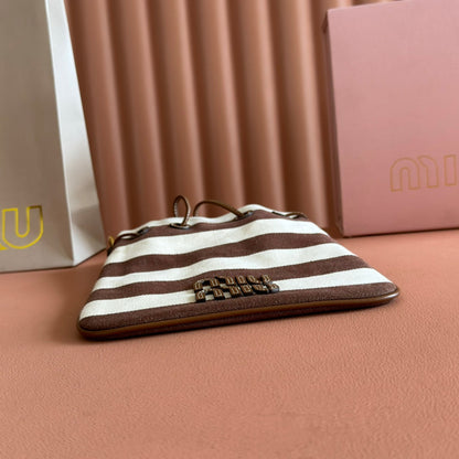 Miu Lucky Striped Bucket Bag Brown Cream Canvas