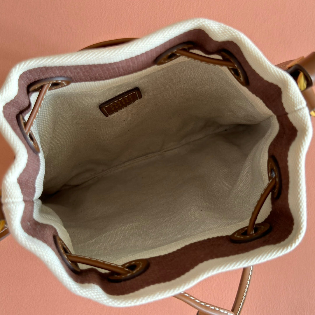 Miu Lucky Striped Bucket Bag Brown Cream Canvas