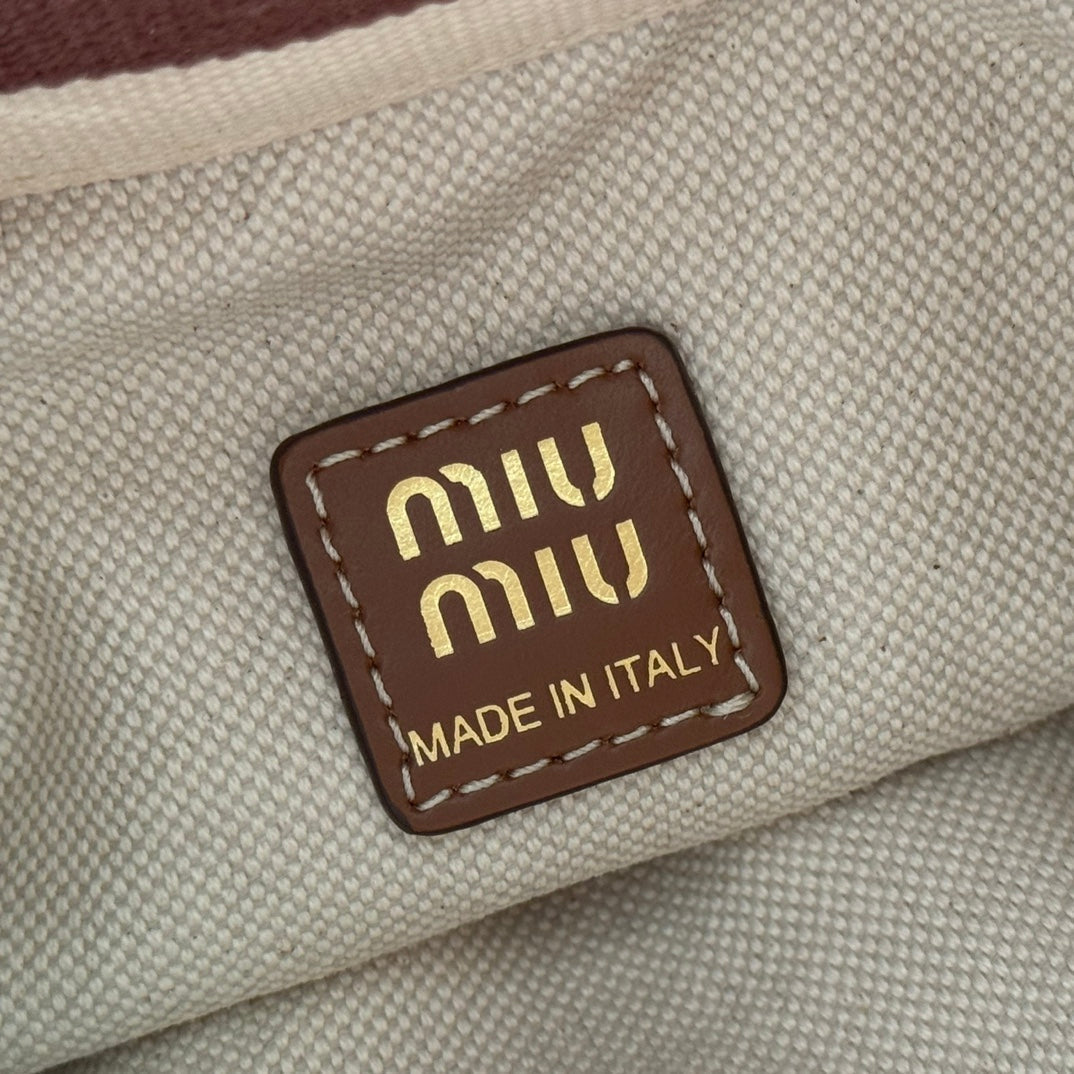 Miu Lucky Striped Bucket Bag Brown Cream Canvas