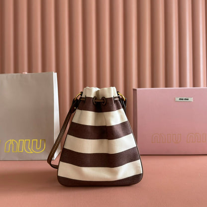 Miu Lucky Striped Bucket Bag Brown Cream Canvas