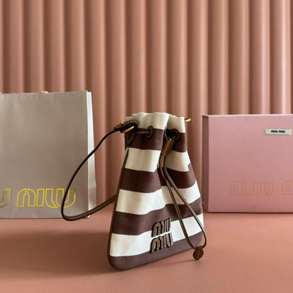 Miu Lucky Striped Bucket Bag Brown Cream Canvas