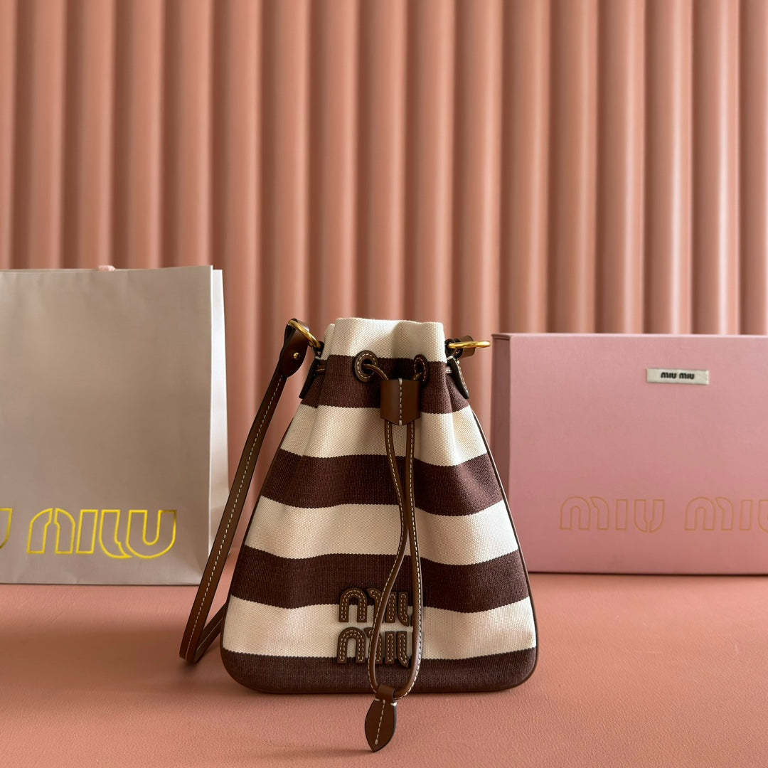 Miu Lucky Striped Bucket Bag Brown Cream Canvas