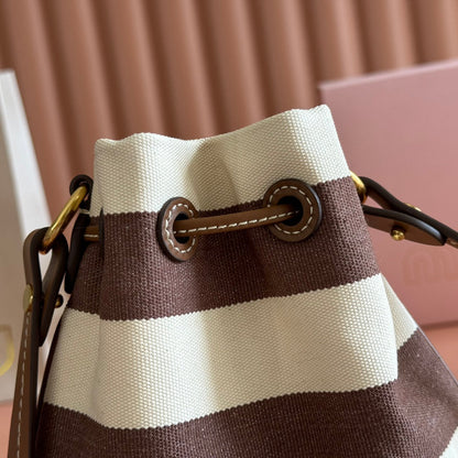 Miu Lucky Striped Bucket Bag Brown Cream Canvas