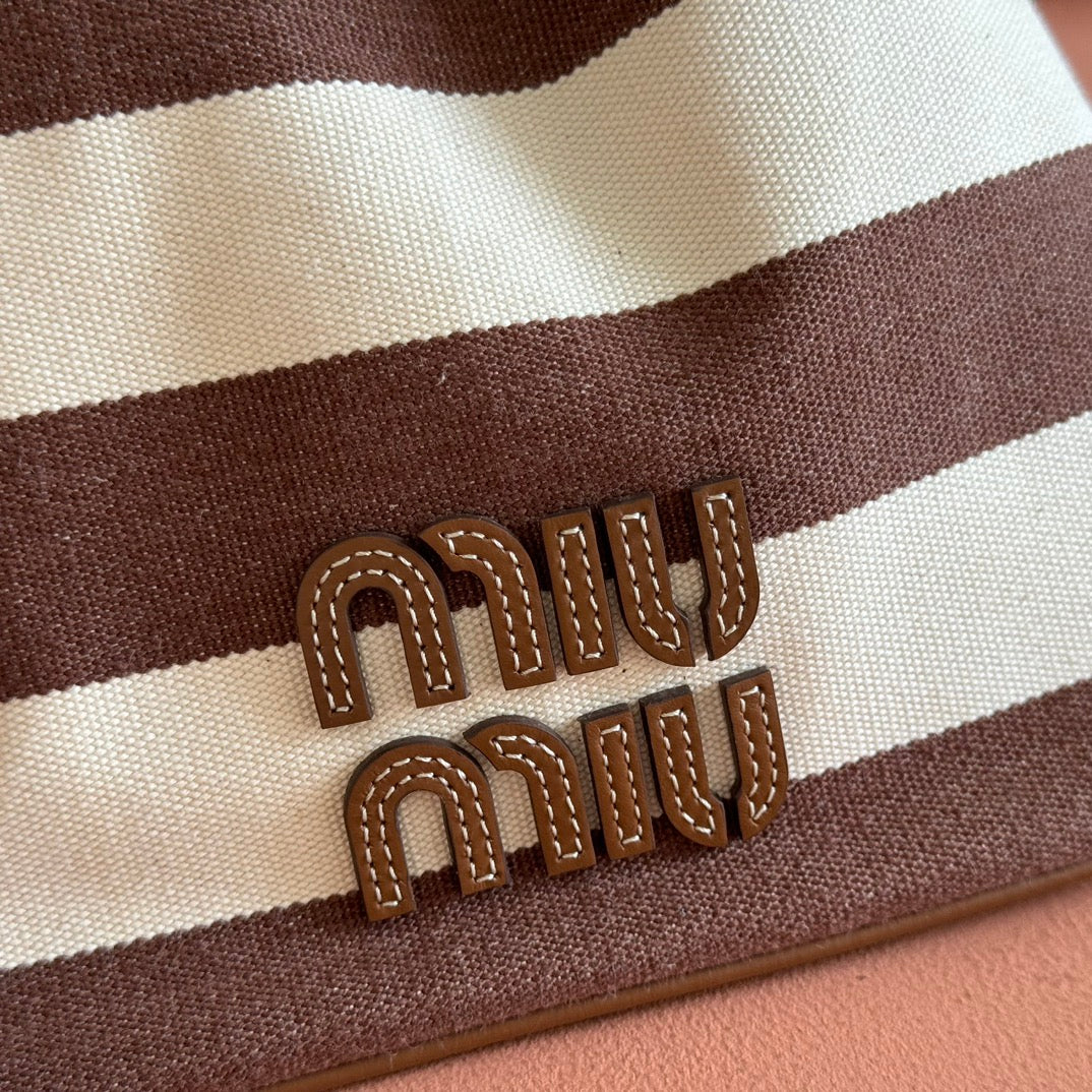 Miu Lucky Striped Bucket Bag Brown Cream Canvas