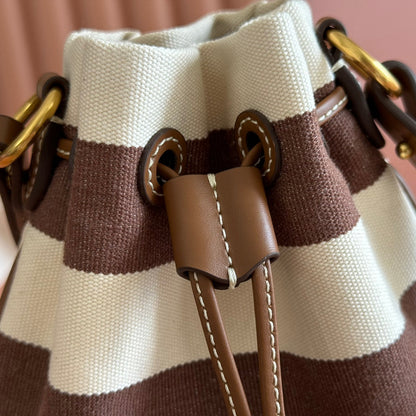 Miu Lucky Striped Bucket Bag Brown Cream Canvas