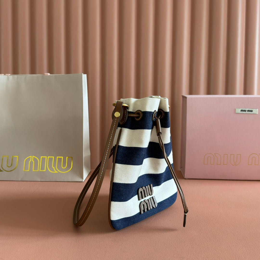 Miu Lucky Striped Bucket Bag Black Cream Canvas