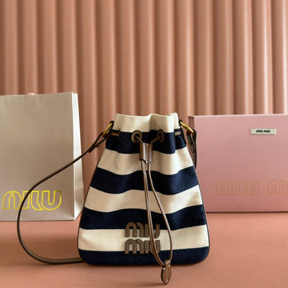 Miu Lucky Striped Bucket Bag Black Cream Canvas