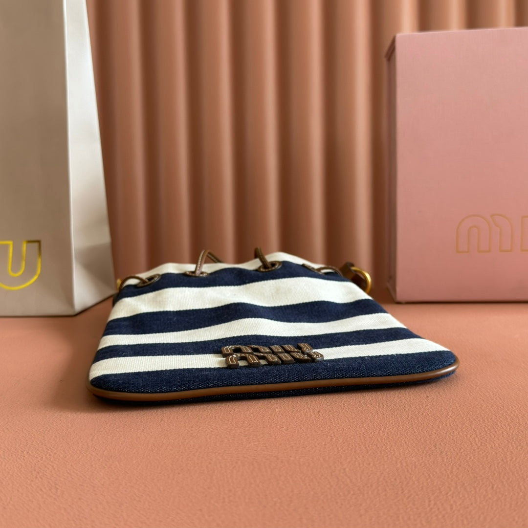 Miu Lucky Striped Bucket Bag Black Cream Canvas