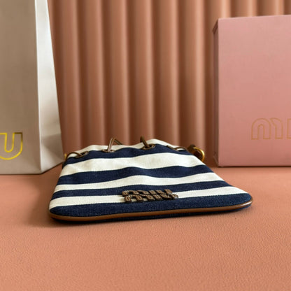 Miu Lucky Striped Bucket Bag Black Cream Canvas