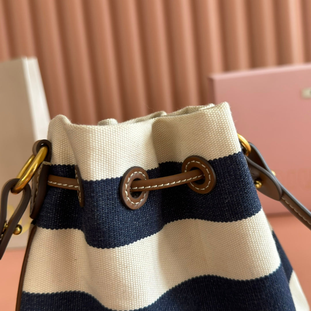 Miu Lucky Striped Bucket Bag Black Cream Canvas