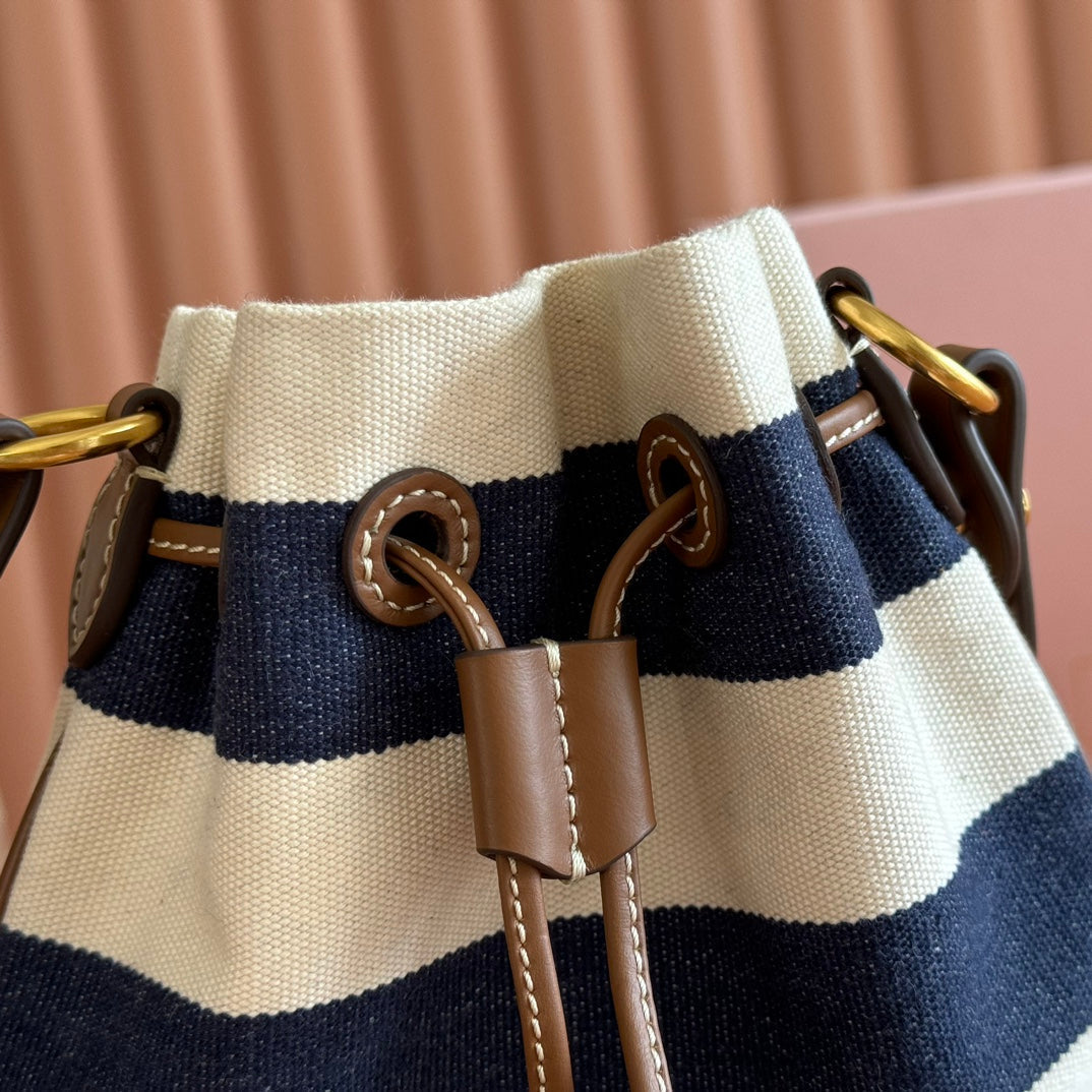 Miu Lucky Striped Bucket Bag Black Cream Canvas