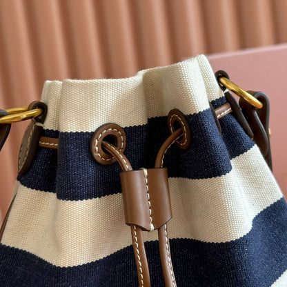 Miu Lucky Striped Bucket Bag Black Cream Canvas