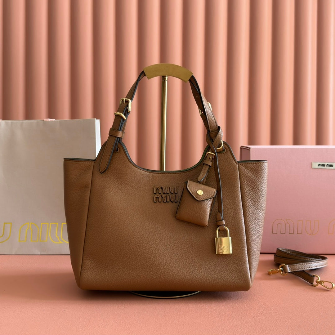 Miu 25ss Leather Bucket Bag 25.5 Brown Grain Leather