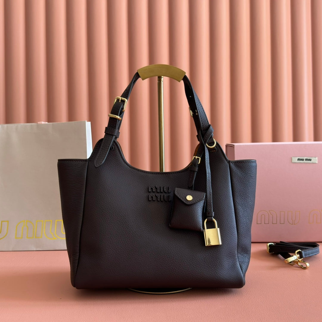 Miu 25ss Leather Bucket Bag 25.5 Black Grain Leather