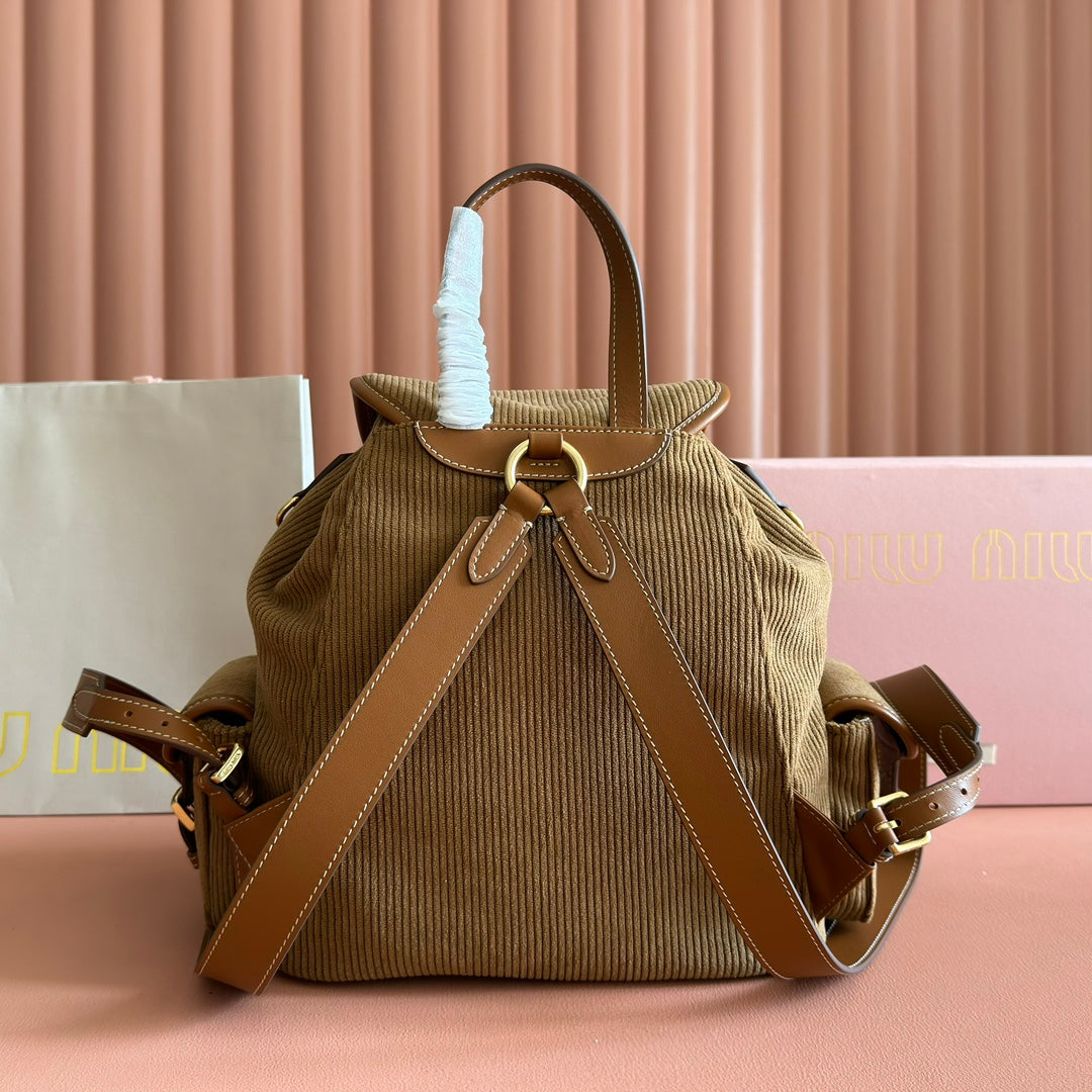 Miu Corduroy Backpack Brown Suede 273210