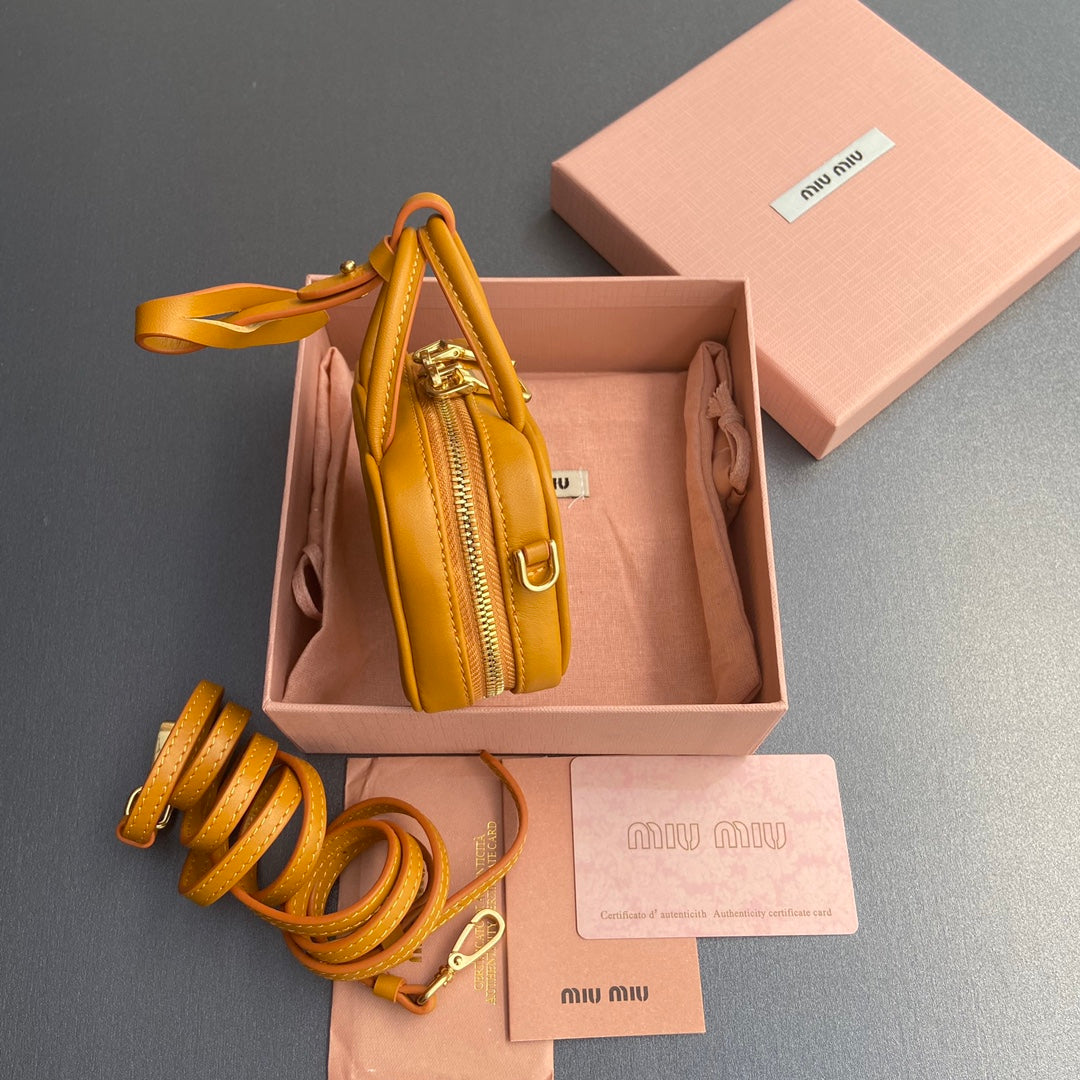 Miu 11 Happy Orange Beau Leather Micro Bag 240369