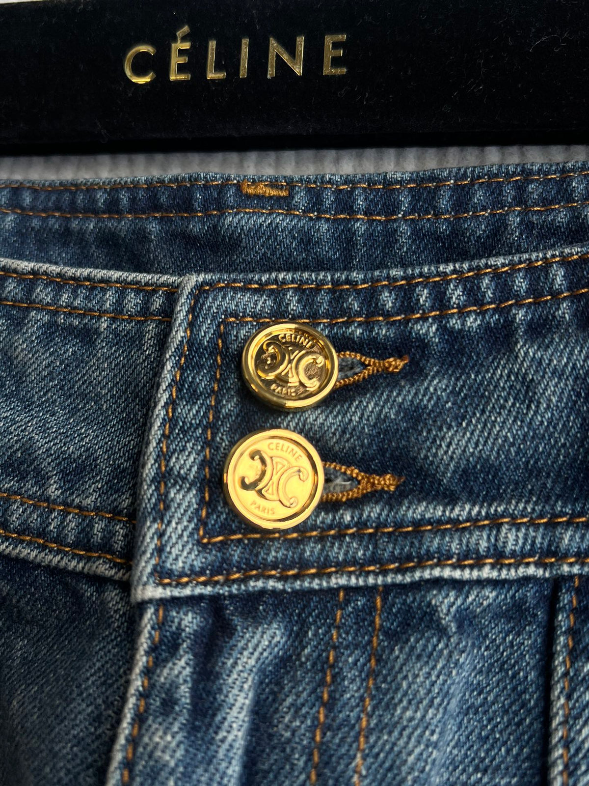 Celine 25 Arc de Triomphe Metal Buckle Denim Shorts Blue Cotton 275804