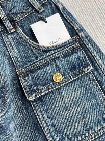 Celine 25 Arc de Triomphe Metal Buckle Denim Shorts Blue Cotton 275804