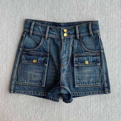 Celine 25 Arc de Triomphe Metal Buckle Denim Shorts Blue Cotton 275804