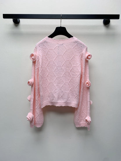 CC 25 Knitted Three-Dimensional Flower Tie Cardigan in Pink 277588