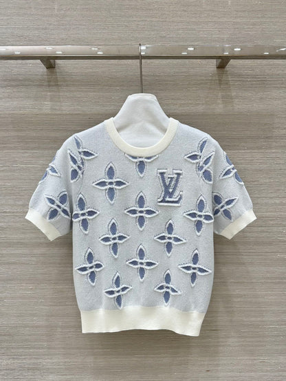 LV 25 Knitted Short-Sleeved Top Blue Wool