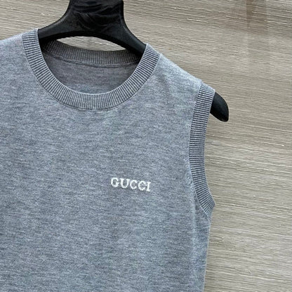 Gucci 2025 Logo Embroidered Knitted Vest Top Gray Wool