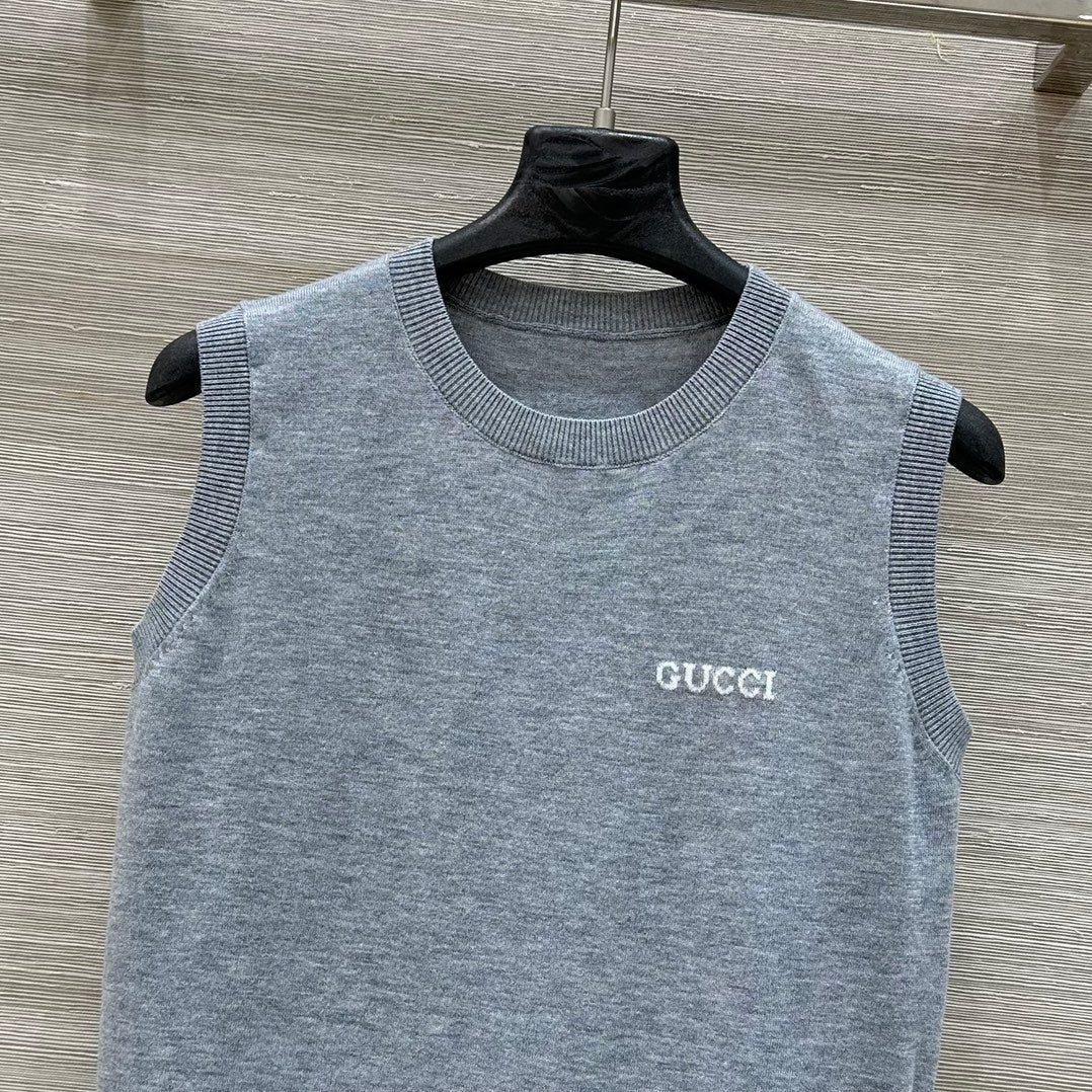 Gucci 2025 Logo Embroidered Knitted Vest Top Gray Wool