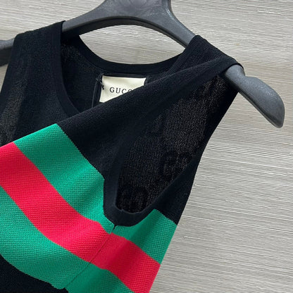 Gucci 25 Embroidered Jacquard Mesh Vest Top Black Tencel