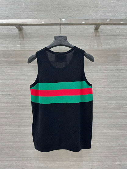 Gucci 25 Embroidered Jacquard Mesh Vest Top Black Tencel
