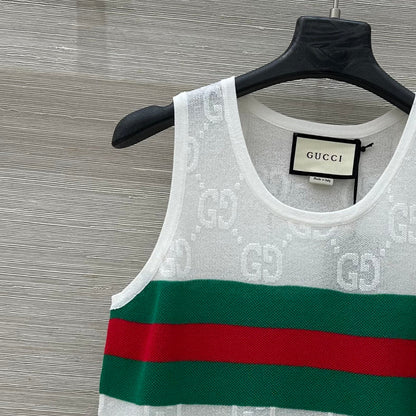 Gucci 25 Embroidered Jacquard Mesh Vest Top White Tencel