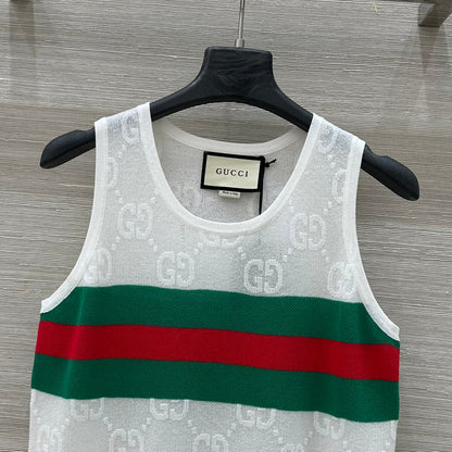 Gucci 25 Embroidered Jacquard Mesh Vest Top White Tencel