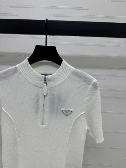 PRADA MOCK NECK SHORT-SLEEVE KNIT TOP WHITE 274815
